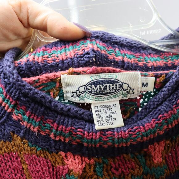 Vintage Smythe & Company Linen Cotton Sweater Colorful Patterned M - Picture 6 of 6